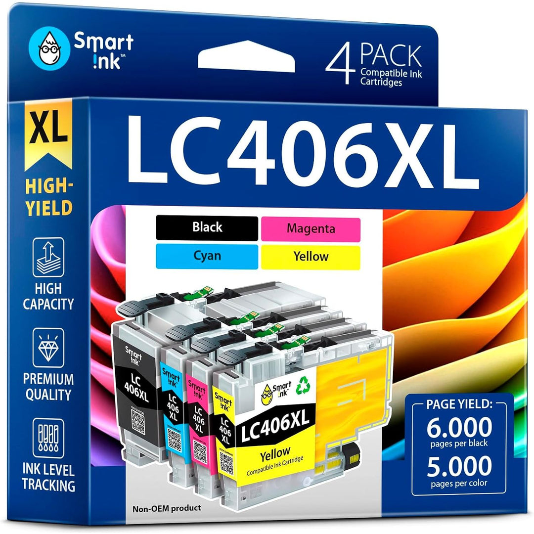 Smart Ink Compatible Ink Cartridge Replacement for Brother LC406 XL LC406XL LC 406 4 Combo Pack to use with MFC - J4335DW MFC - J5855DW MFC - J6555DW MFC - J4535DW MFC - J6955DW (Black, Cyan, Magenta, Yellow) - Just Closeouts Canada Inc.