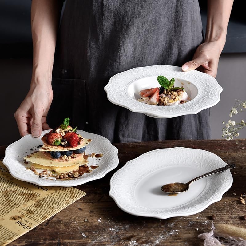 SOUJOY Set of 6 Salad Plate, 8 Inch Porcelain Dessert Serving Plates, Embossed Printing Small Dinner Dish for Pancakes, Steak, Microwave, Dishwasher Safe 7 - Just Closeouts Canada Inc.