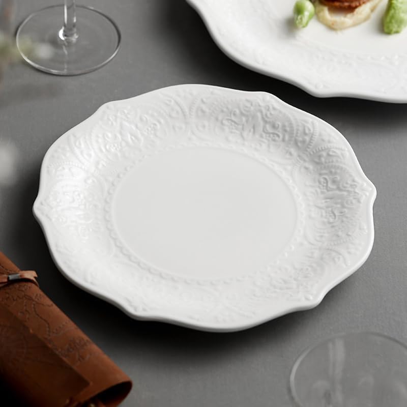SOUJOY Set of 6 Salad Plate, 8 Inch Porcelain Dessert Serving Plates, Embossed Printing Small Dinner Dish for Pancakes, Steak, Microwave, Dishwasher Safe 7 - Just Closeouts Canada Inc.
