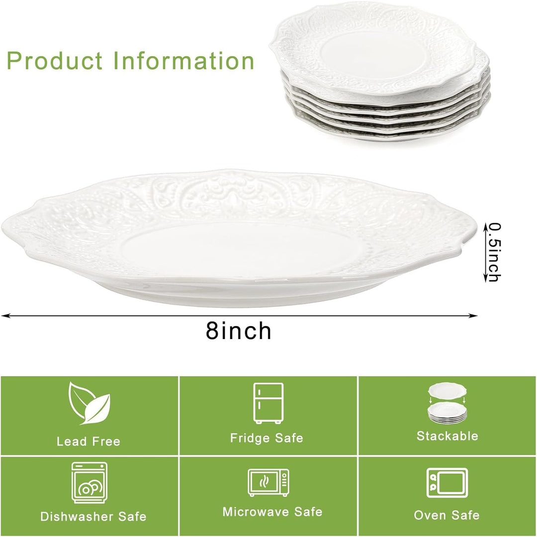 SOUJOY Set of 6 Salad Plate, 8 Inch Porcelain Dessert Serving Plates, Embossed Printing Small Dinner Dish for Pancakes, Steak, Microwave, Dishwasher Safe 7 - Just Closeouts Canada Inc.