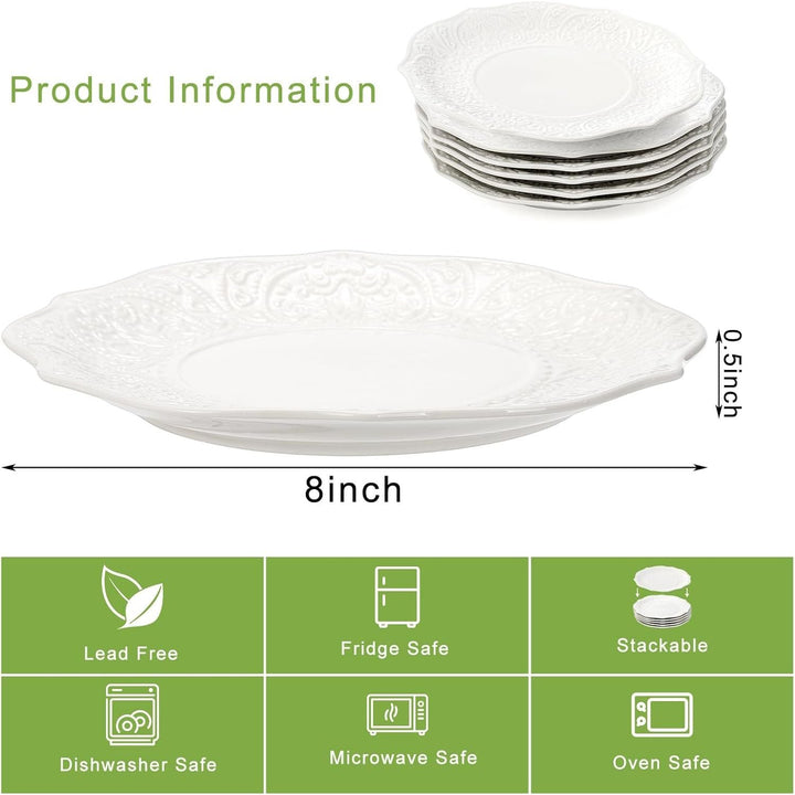 SOUJOY Set of 6 Salad Plate, 8 Inch Porcelain Dessert Serving Plates, Embossed Printing Small Dinner Dish for Pancakes, Steak, Microwave, Dishwasher Safe 7 - Just Closeouts Canada Inc.