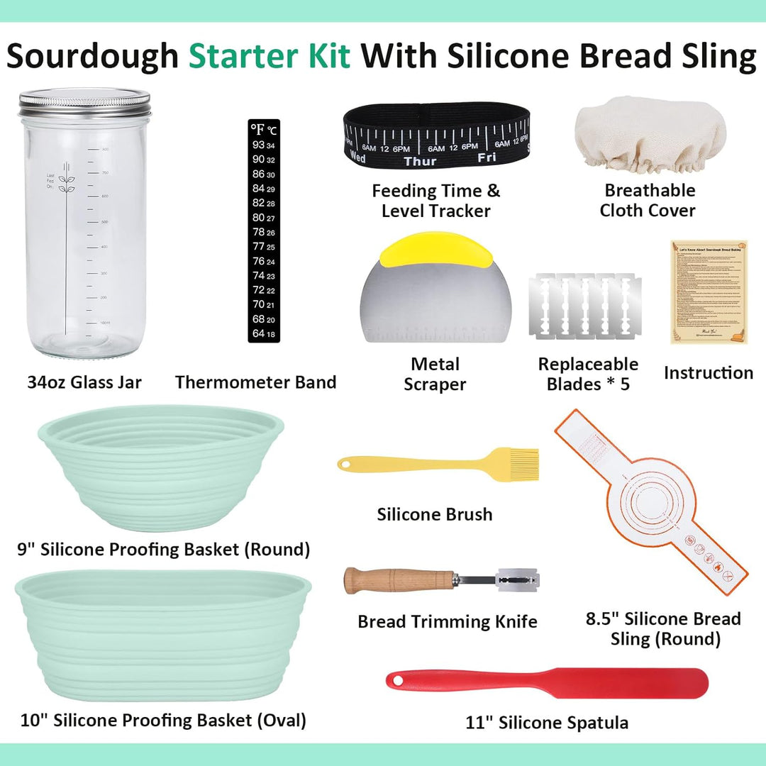 Sourdough Bread Starter Kit, 34oz Sourdough Starter Jar, Bread Sling for Dutch Oven, 2 Bread Proofing Baskets, Thermometer, Time Tracker, Metal Scraper, Sourdough Bread Baking Supplies - Green - Just Closeouts Canada Inc.