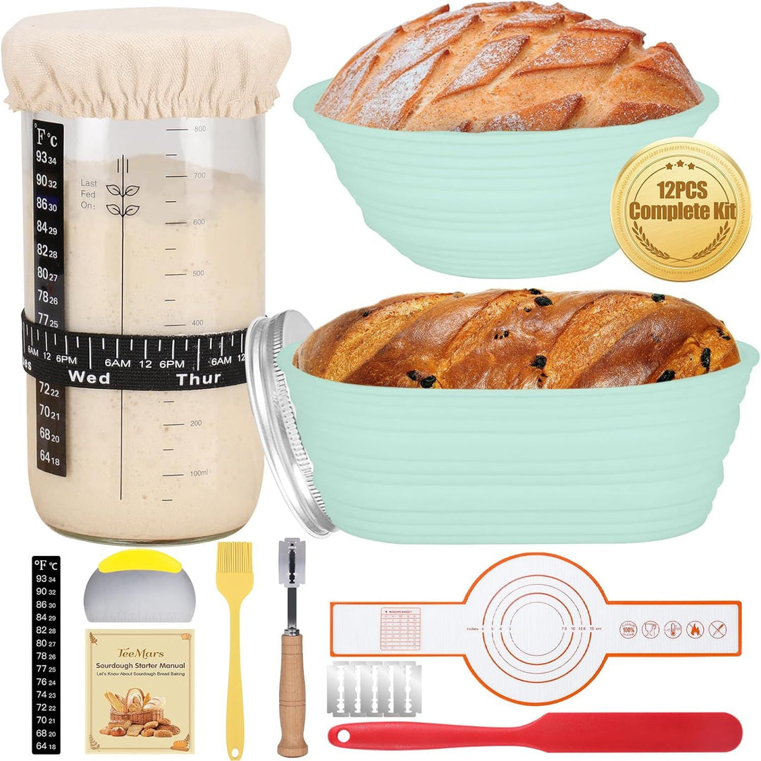 Sourdough Bread Starter Kit, 34oz Sourdough Starter Jar, Bread Sling for Dutch Oven, 2 Bread Proofing Baskets, Thermometer, Time Tracker, Metal Scraper, Sourdough Bread Baking Supplies - Green - Just Closeouts Canada Inc.
