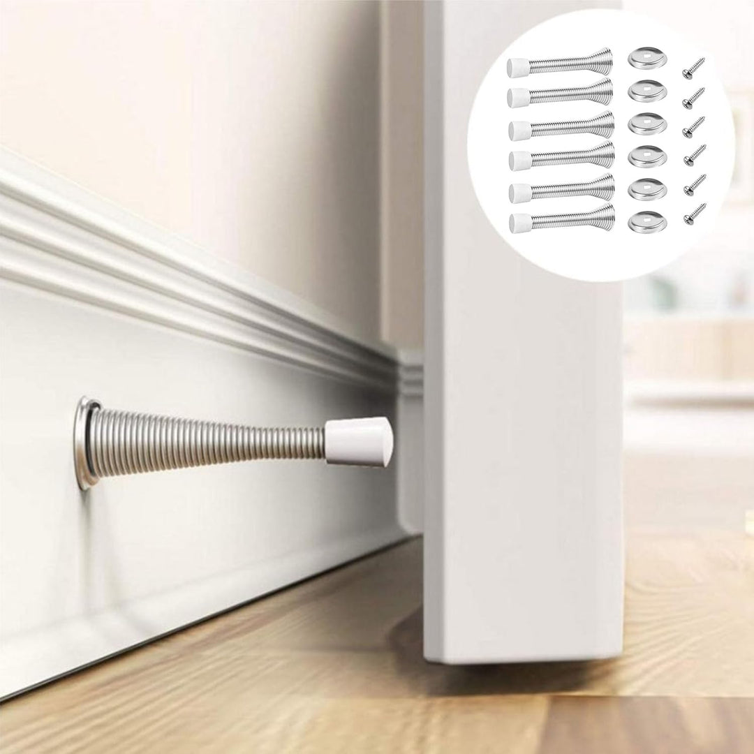 Spring Door Stopper, Wall Mounted Spring Doorstop, Screw - in Flexible Steel Stoppers with White Rubber Bumper Tips,Protect Walls from Bumps,Marks and Damages for Homes, Offices (White, 6PCS) - Just Closeouts Canada Inc.