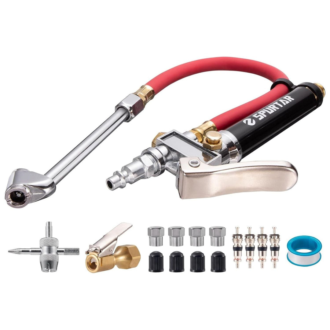 Spurtar 10 - 120 PSI Tire Pressure Gauge and Inflator Tire Inflator with Pressure Gauge Air Compressor Attachments with 4 Way Tool and Valve Cores for Car Truck Heavy Duty Vehicle - Just Closeouts Canada Inc.