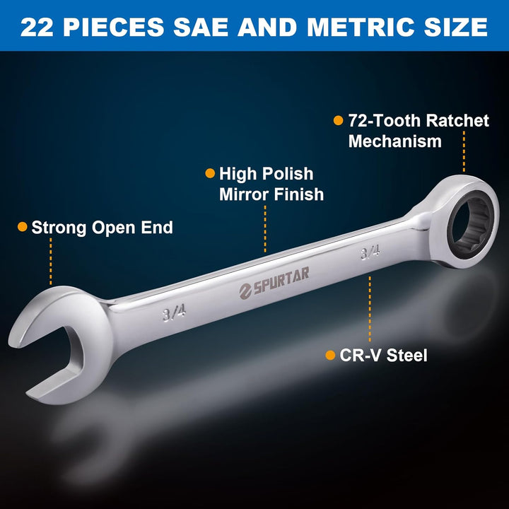 Spurtar 22 Pieces Ratchet Wrenches Set 1/4'' - 3/4'' & 6 - 18mm Ratcheting Wrench Set 72 Teeth Combination Wrench Sets CR - V Steel Mirror Finish Ratchet Wrench Set with Portable Carrying Bag Gadget for Men - Just Closeouts Canada Inc.