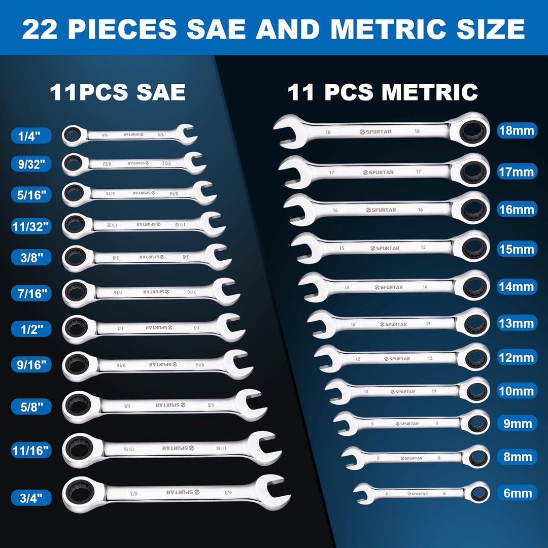 Spurtar 22 Pieces Ratchet Wrenches Set 1/4'' - 3/4'' & 6 - 18mm Ratcheting Wrench Set 72 Teeth Combination Wrench Sets CR - V Steel Mirror Finish Ratchet Wrench Set with Portable Carrying Bag Gadget for Men - Just Closeouts Canada Inc.