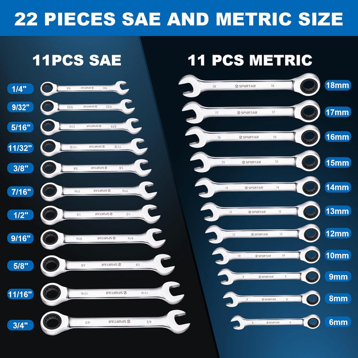 Spurtar 22 Pieces Ratchet Wrenches Set 1/4'' - 3/4'' & 6 - 18mm Ratcheting Wrench Set 72 Teeth Combination Wrench Sets CR - V Steel Mirror Finish Ratchet Wrench Set with Portable Carrying Bag Gadget for Men - Just Closeouts Canada Inc.