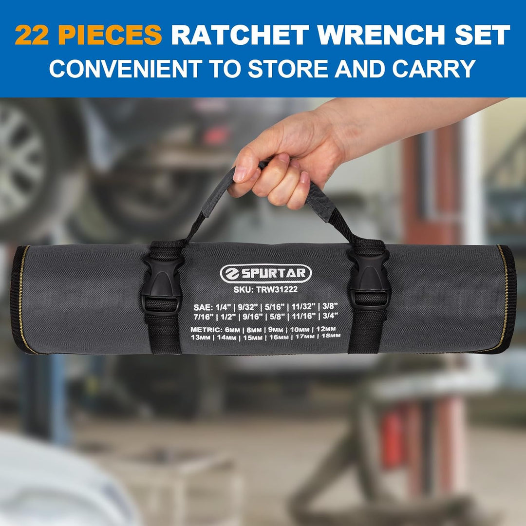 Spurtar 22 Pieces Ratchet Wrenches Set 1/4'' - 3/4'' & 6 - 18mm Ratcheting Wrench Set 72 Teeth Combination Wrench Sets CR - V Steel Mirror Finish Ratchet Wrench Set with Portable Carrying Bag Gadget for Men - Just Closeouts Canada Inc.