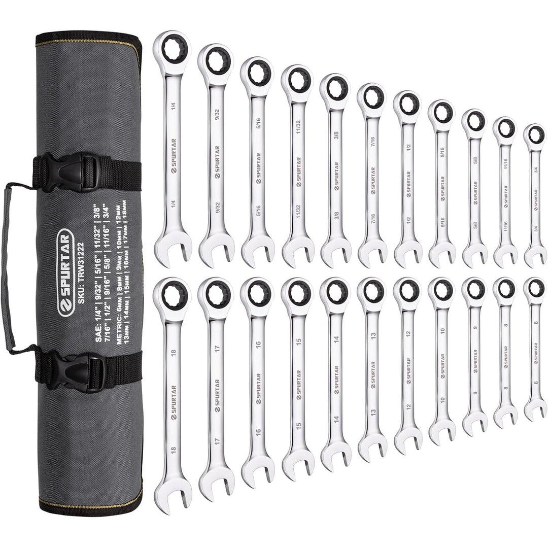Spurtar 22 Pieces Ratchet Wrenches Set 1/4'' - 3/4'' & 6 - 18mm Ratcheting Wrench Set 72 Teeth Combination Wrench Sets CR - V Steel Mirror Finish Ratchet Wrench Set with Portable Carrying Bag Gadget for Men - Just Closeouts Canada Inc.