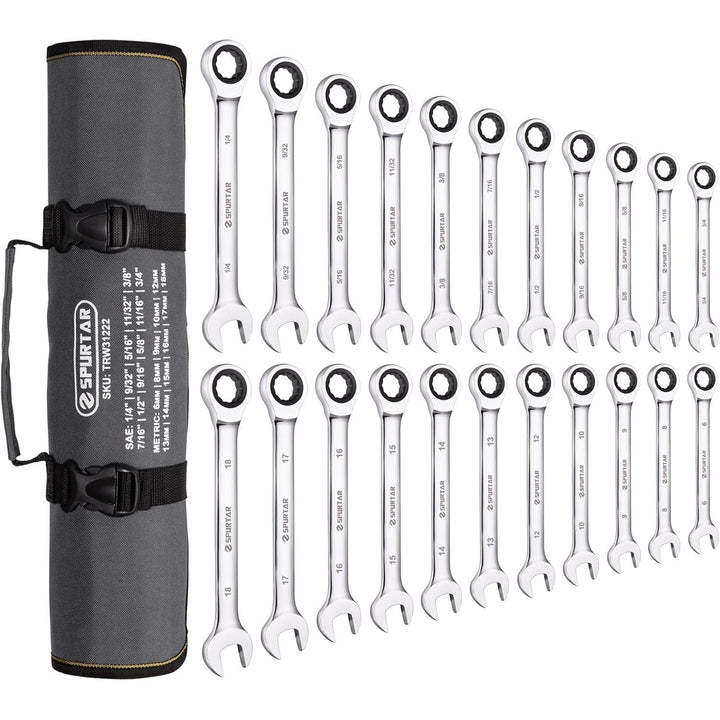 Spurtar 22 Pieces Ratchet Wrenches Set 1/4'' - 3/4'' & 6 - 18mm Ratcheting Wrench Set 72 Teeth Combination Wrench Sets CR - V Steel Mirror Finish Ratchet Wrench Set with Portable Carrying Bag Gadget for Men - Just Closeouts Canada Inc.