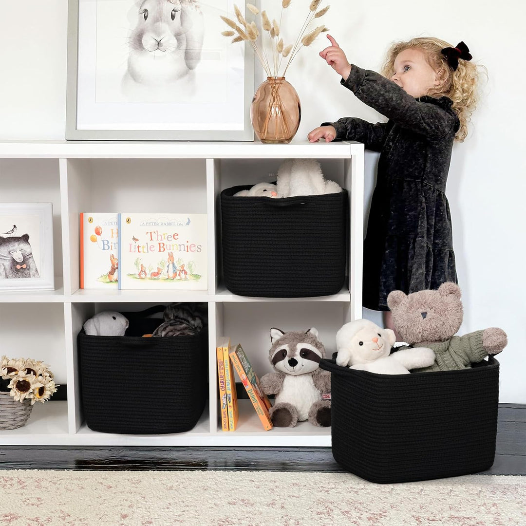 Square Storage Basket for Shelves, Cotton Rope Woven Storage Basket for Books, Toys, Towels, 13 x 9.8 x 8.9 inches, Black - Just Closeouts Canada Inc.