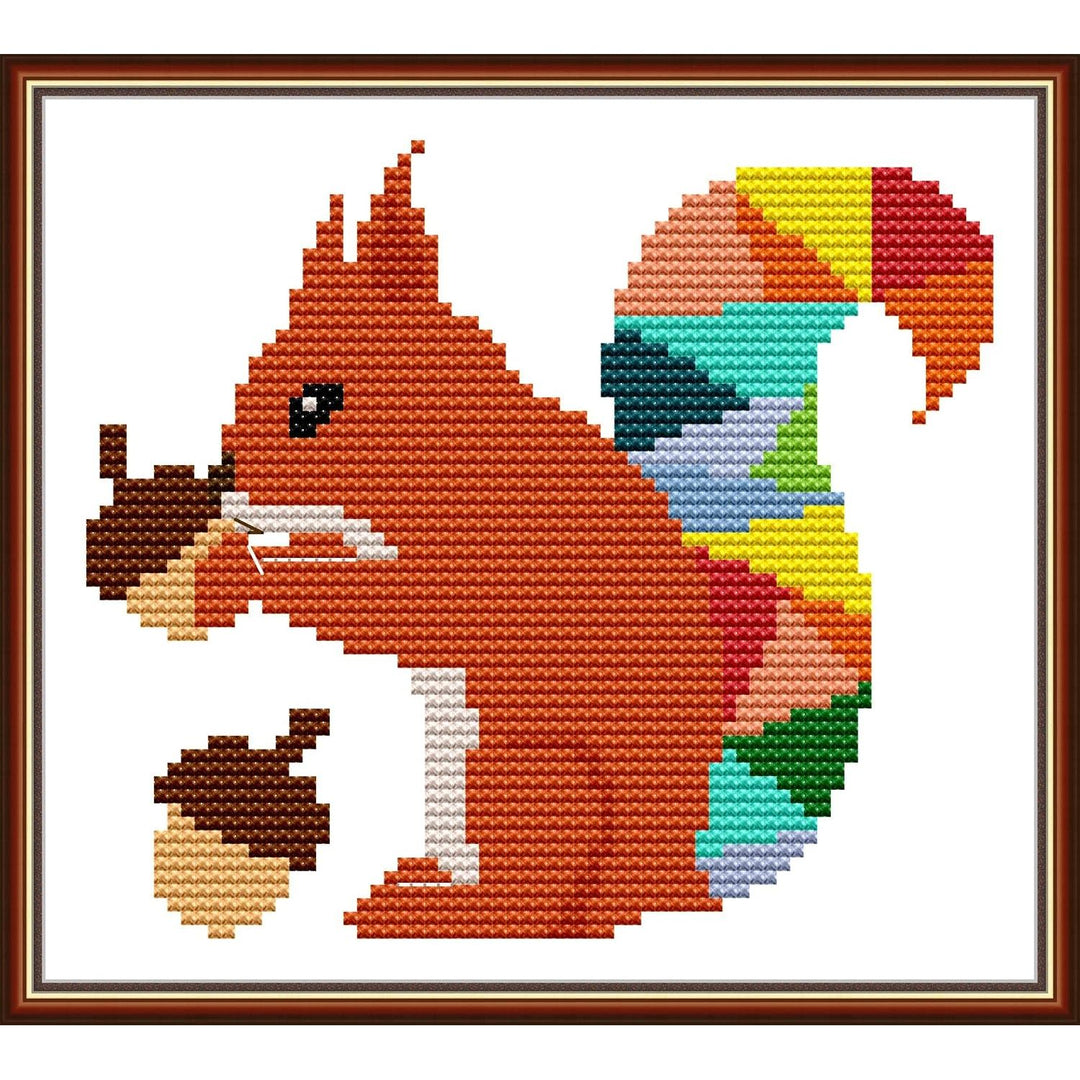 Colourful Squirrel stamped cross-stitch pattern