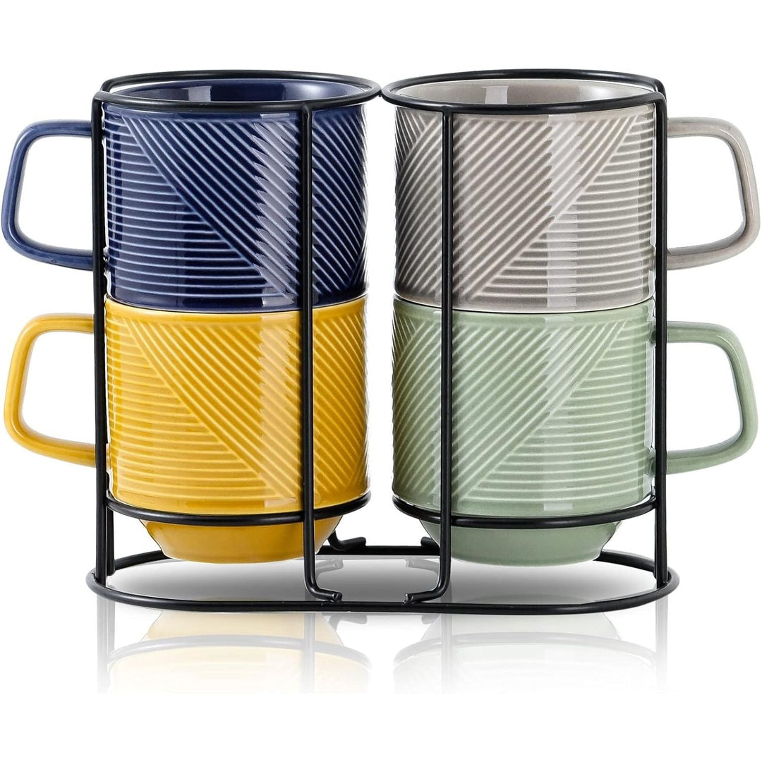 Stackable Coffee Mugs with Rack: 13 oz Stacking Ceramic Cups with Stand for Home & Office - Porcelain Stacked Tea Mug Set of 4 - (Multi color warm) - Just Closeouts Canada Inc.