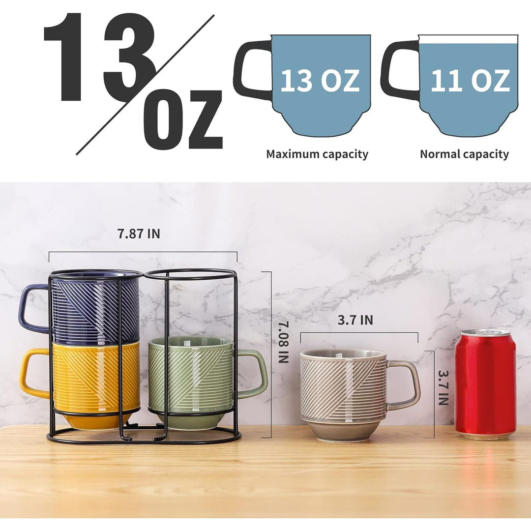 Stackable Coffee Mugs with Rack: 13 oz Stacking Ceramic Cups with Stand for Home & Office - Porcelain Stacked Tea Mug Set of 4 - (Multi color warm) - Just Closeouts Canada Inc.