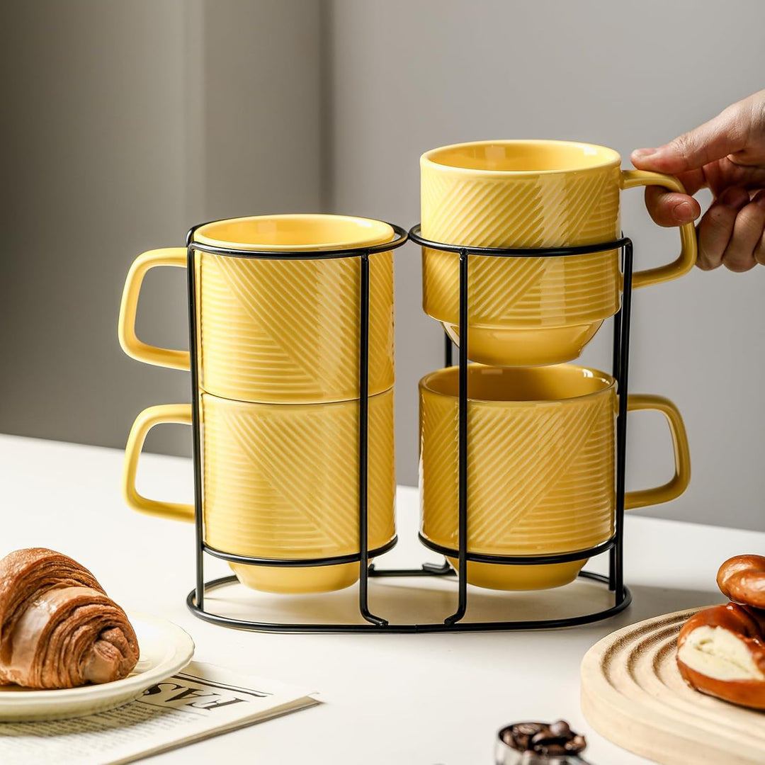 Stackable Coffee Mugs with Rack: 13 oz Stacking Ceramic Cups with Stand - Porcelain Stacked Tea Mug Set of 4 (Light Yellow) - Just Closeouts Canada Inc.