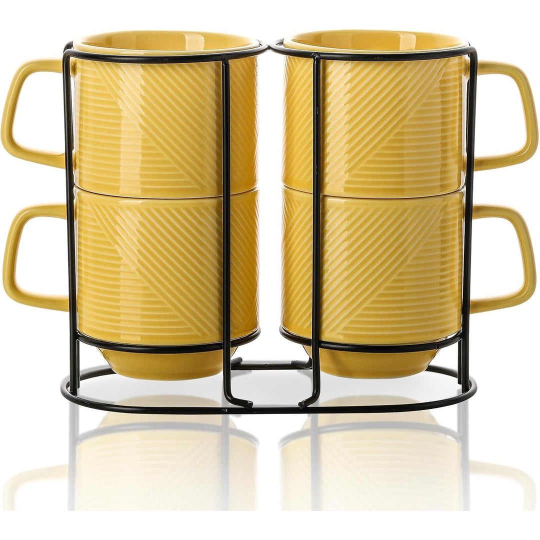 Stackable Coffee Mugs with Rack: 13 oz Stacking Ceramic Cups with Stand - Porcelain Stacked Tea Mug Set of 4 (Light Yellow) - Just Closeouts Canada Inc.