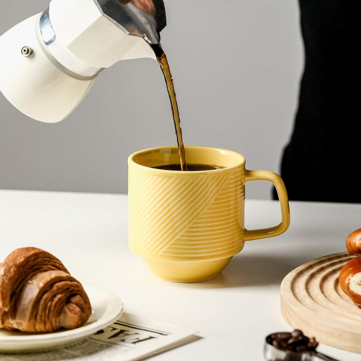 Stackable Coffee Mugs with Rack: 13 oz Stacking Ceramic Cups with Stand - Porcelain Stacked Tea Mug Set of 4 (Light Yellow) - Just Closeouts Canada Inc.