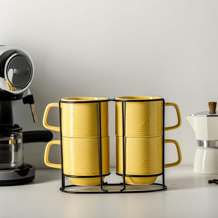 Stackable Coffee Mugs with Rack: 13 oz Stacking Ceramic Cups with Stand - Porcelain Stacked Tea Mug Set of 4 (Light Yellow) - Just Closeouts Canada Inc.