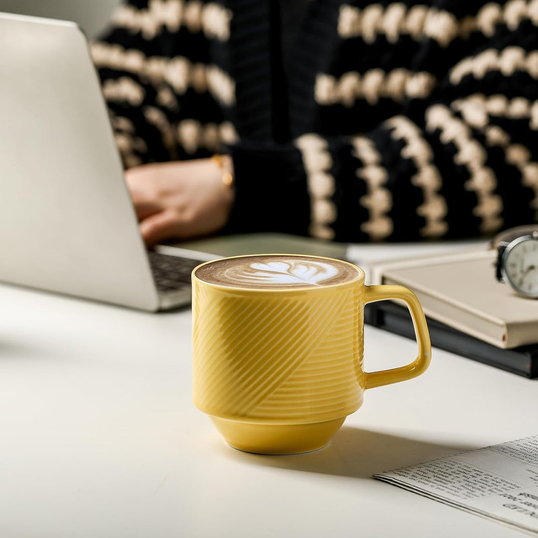 Stackable Coffee Mugs with Rack: 13 oz Stacking Ceramic Cups with Stand - Porcelain Stacked Tea Mug Set of 4 (Light Yellow) - Just Closeouts Canada Inc.