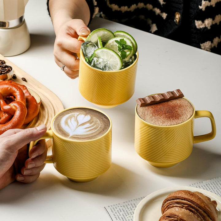 Stackable Coffee Mugs with Rack: 13 oz Stacking Ceramic Cups with Stand - Porcelain Stacked Tea Mug Set of 4 (Light Yellow) - Just Closeouts Canada Inc.