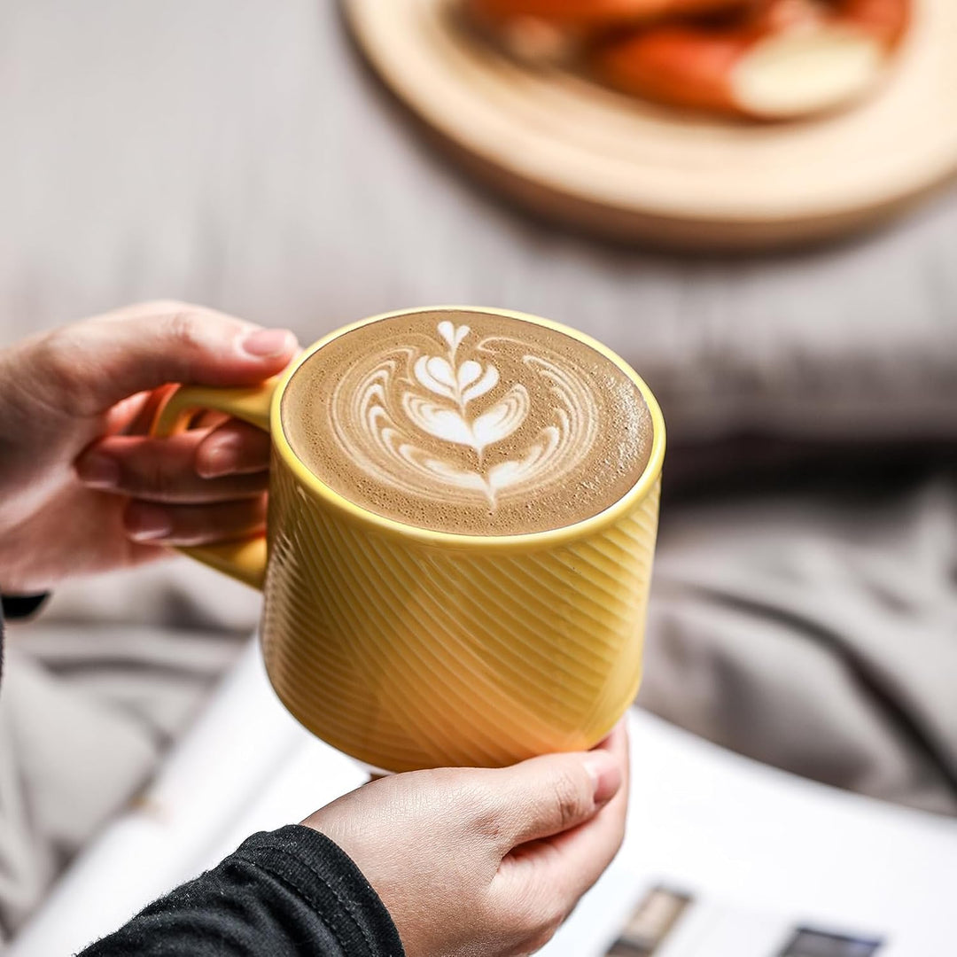 Stackable Coffee Mugs with Rack: 13 oz Stacking Ceramic Cups with Stand - Porcelain Stacked Tea Mug Set of 4 (Light Yellow) - Just Closeouts Canada Inc.