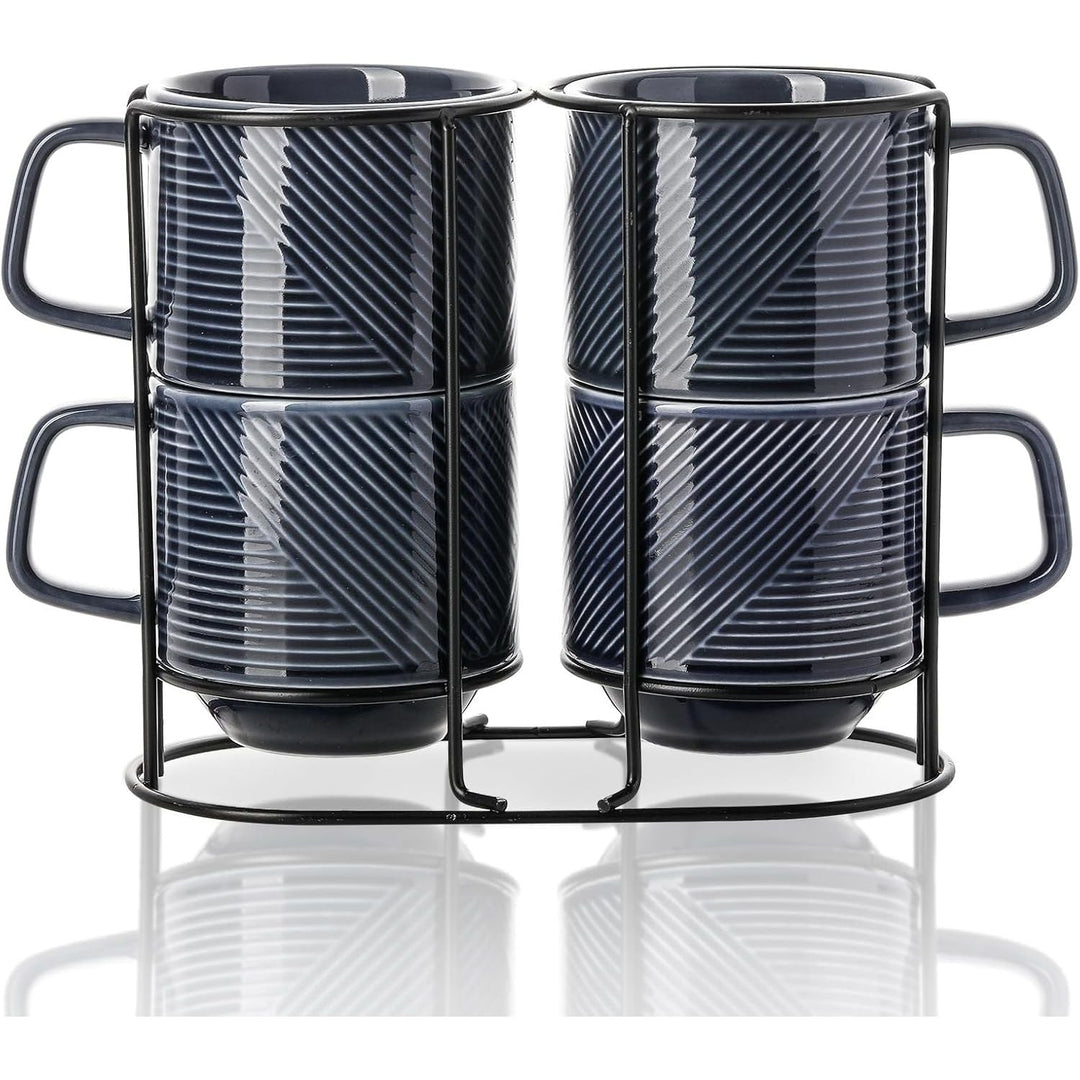 Stackable Coffee Mugs with Rack: 13 oz Stacking Ceramic Cups with Stand - Porcelain Stacked Tea Mug Set of 4 (Navy) - Just Closeouts Canada Inc.