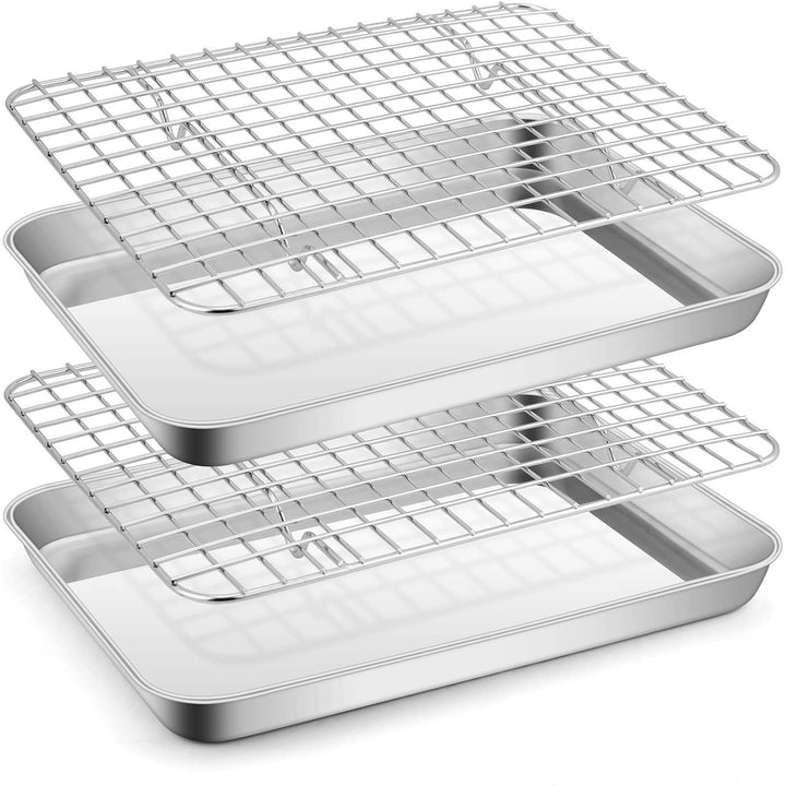 Stainless Steel Baking Sheet with Rack Set, 12.4”x9.7” Cookie Sheet Broiling Pan for Oven, Rimmed Metal Tray with Wire Rack for Cooking/Baking/Cooling/Bacon, Non - toxic & Dishwasher Safe - Just Closeouts Canada Inc.