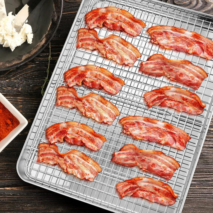 Stainless Steel Baking Sheet with Rack Set, 12.4”x9.7” Cookie Sheet Broiling Pan for Oven, Rimmed Metal Tray with Wire Rack for Cooking/Baking/Cooling/Bacon, Non - toxic & Dishwasher Safe - Just Closeouts Canada Inc.