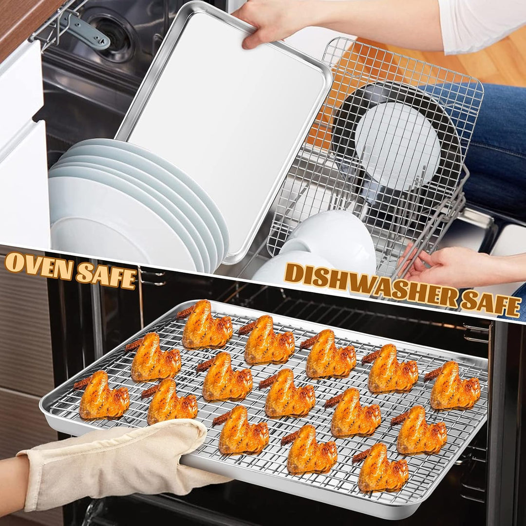 Stainless Steel Baking Sheet with Rack Set, 12.4”x9.7” Cookie Sheet Broiling Pan for Oven, Rimmed Metal Tray with Wire Rack for Cooking/Baking/Cooling/Bacon, Non - toxic & Dishwasher Safe - Just Closeouts Canada Inc.
