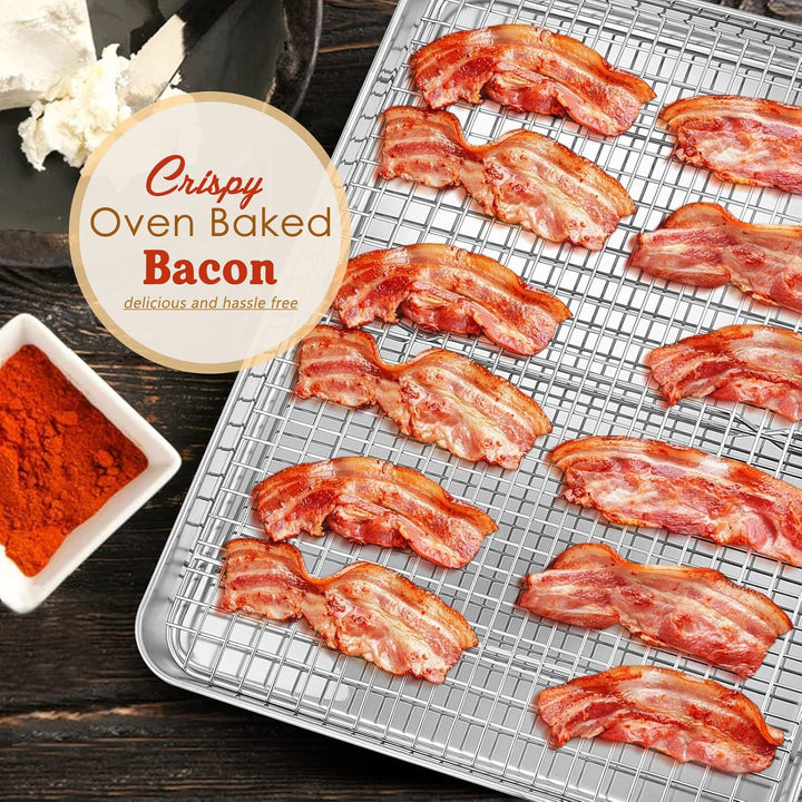 Stainless Steel Baking Sheet with Rack Set, E - far 16”x12” Cookie Sheet Pan for Oven, Rimmed Metal Tray with Wire Cooling Rack for Cooking Roasting Resting Bacon Meat Steak - Dishwasher Safe - Just Closeouts Canada Inc.