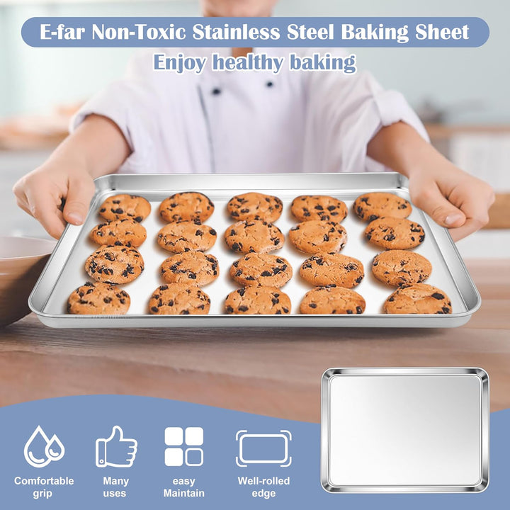 Stainless Steel Baking Sheets, 12.4” x9.7” x 1” Baking Cookie Sheets Pans for Oven, Non - toxic Metal Trays for Cake Cookies, Healthy & Rust Free, Mirror Finish & Dishwasher Safe, 2 Pack - Just Closeouts Canada Inc.