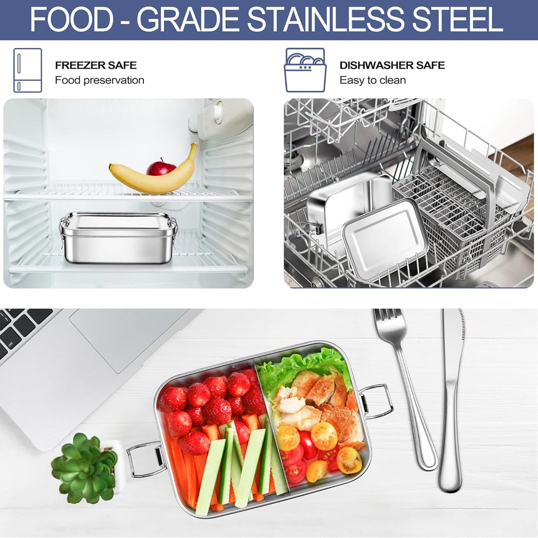 Stainless Steel Bento Box, Large 1400ml Metal Bento Lunch Box Container, 49oz Leak - Proof Lunch Container with Lids and 2 Removable Dividers, Reusable Meal Storage for Camping Picnic Travel Work - Just Closeouts Canada Inc.