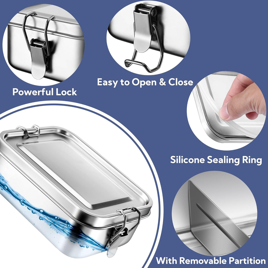 Stainless Steel Bento Box, Large 1400ml Metal Bento Lunch Box Container, 49oz Leak - Proof Lunch Container with Lids and 2 Removable Dividers, Reusable Meal Storage for Camping Picnic Travel Work - Just Closeouts Canada Inc.