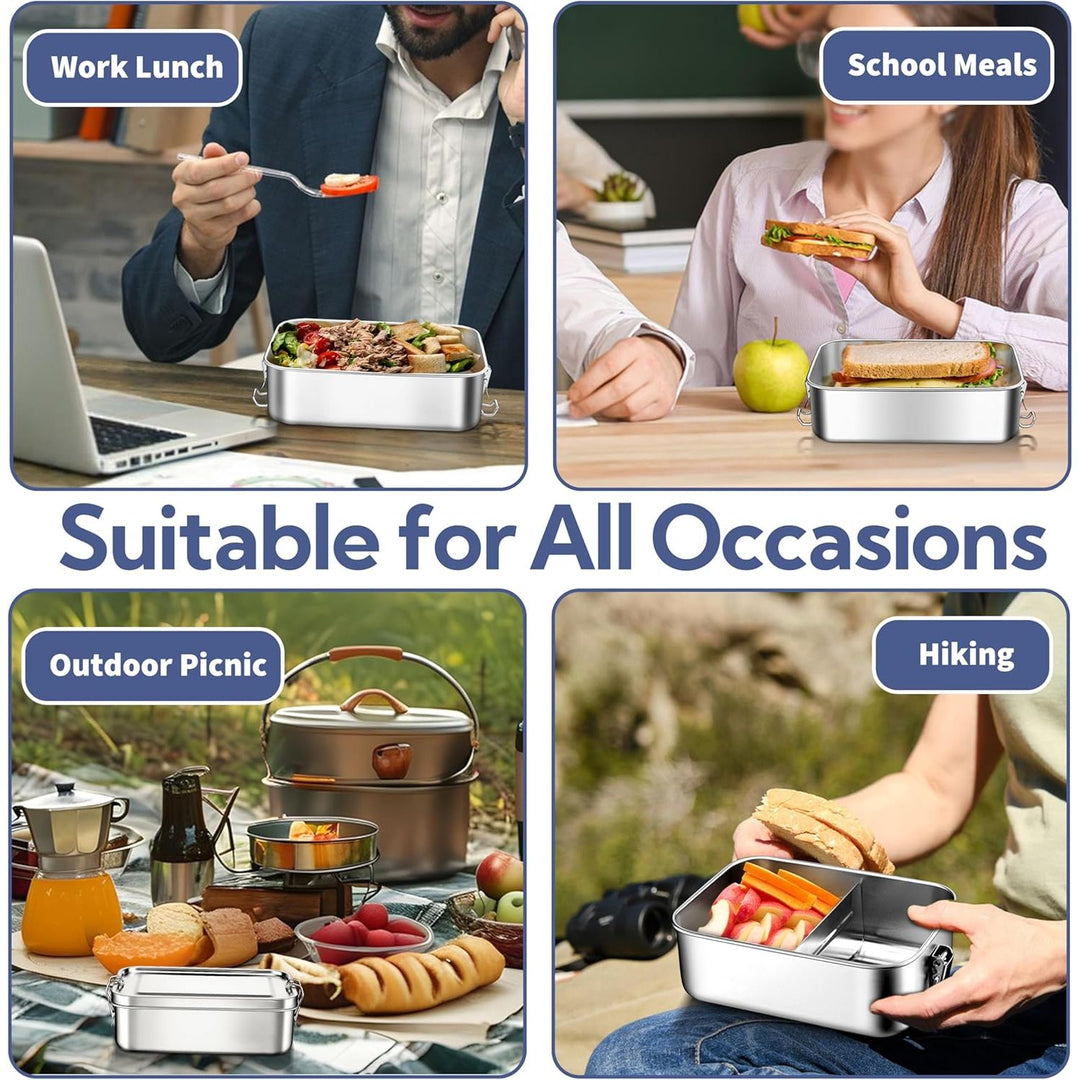 Stainless Steel Bento Box, Large 1400ml Metal Bento Lunch Box Container, 49oz Leak - Proof Lunch Container with Lids and 2 Removable Dividers, Reusable Meal Storage for Camping Picnic Travel Work - Just Closeouts Canada Inc.