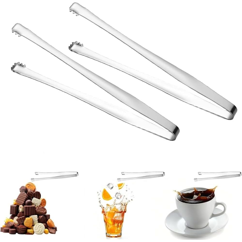 Two stainless-steel six-inch ice and food tongs