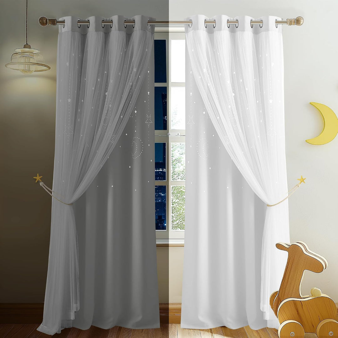 Star & Moon Cut-Out Curtains – Greyish White, 52 x 84 in, 2 Panels - Just Closeouts Canada Inc.