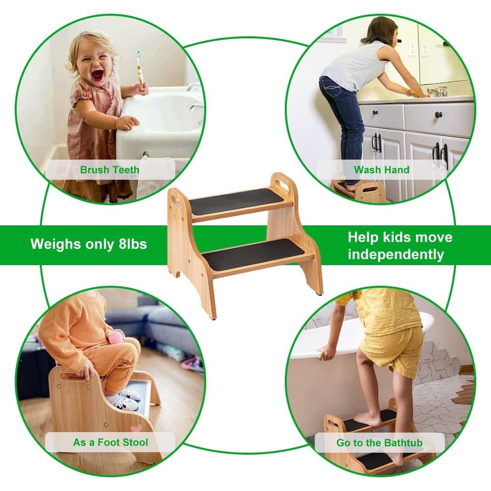 StrongTek Wooden Step Stools for Kids, Toddler 2 Step Stool for Bathroom with Non - Slip Stepping Surface, Portable Stepping Stool with Handles for Kitchen and Bedroom, 350 lbs Capacity (Natural) - Just Closeouts Canada Inc.