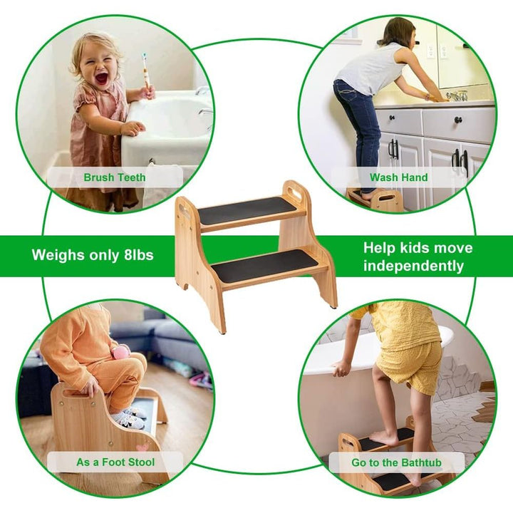 StrongTek Wooden Step Stools for Kids, Toddler 2 Step Stool for Bathroom with Non - Slip Stepping Surface, Portable Stepping Stool with Handles for Kitchen and Bedroom, 350 lbs Capacity (Natural) - Just Closeouts Canada Inc.