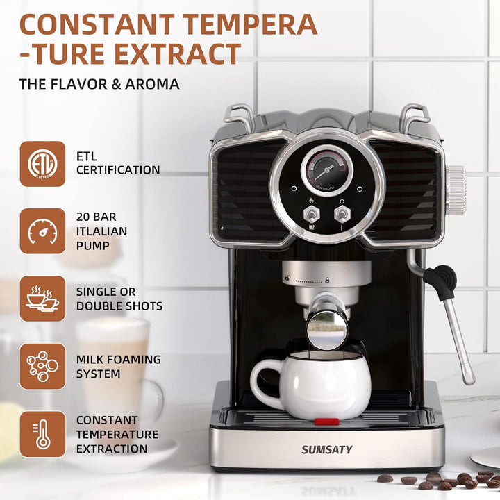 Sumsaty Espresso Coffee Machine 20 Bar, Retro Espresso Maker with Milk Frother Steamer Wand for Cappuccino, Latte, Macchiato, 1.8L Removable Water Tank, ETL Listed, Coffee Spoon - Just Closeouts Canada Inc.