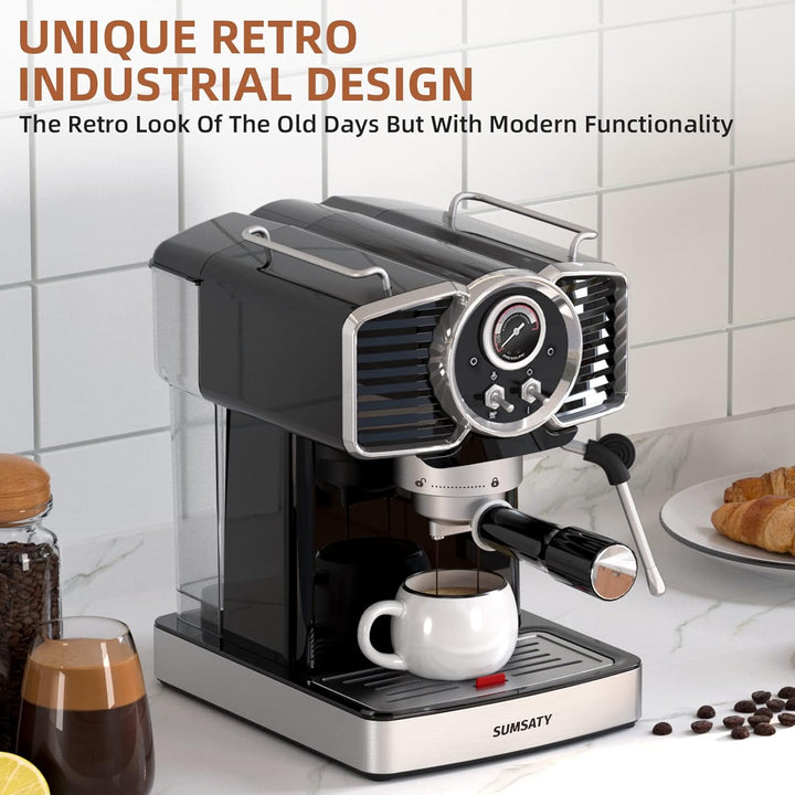 Sumsaty Espresso Coffee Machine 20 Bar, Retro Espresso Maker with Milk Frother Steamer Wand for Cappuccino, Latte, Macchiato, 1.8L Removable Water Tank, ETL Listed, Coffee Spoon - Just Closeouts Canada Inc.