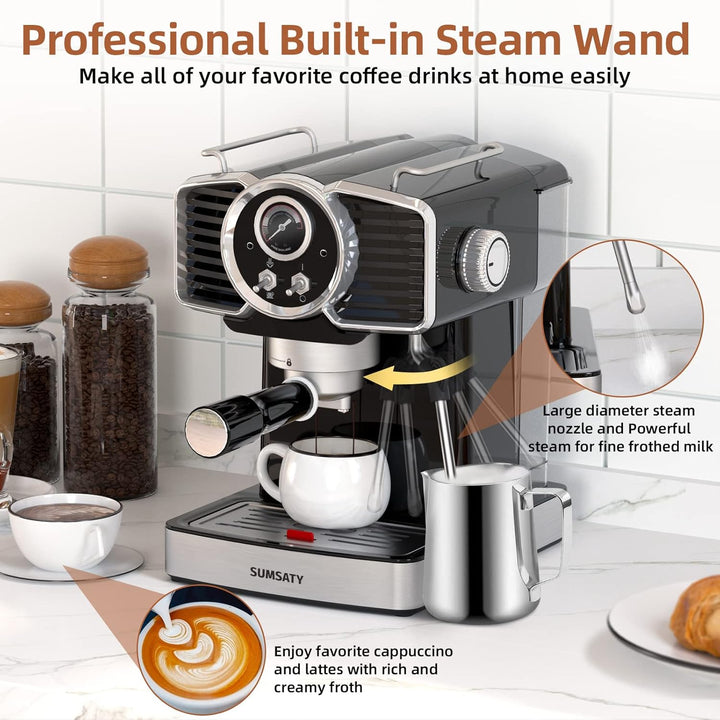 Sumsaty Espresso Coffee Machine 20 Bar, Retro Espresso Maker with Milk Frother Steamer Wand for Cappuccino, Latte, Macchiato, 1.8L Removable Water Tank, ETL Listed, Coffee Spoon - Just Closeouts Canada Inc.