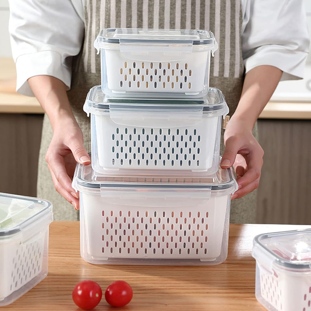 SwellishColor Fresh Food Storage Containers,3 Pack Large Capacity Produce Saver Box with Drain Baskets & Lid for Vegetable and Fruit - BPA Free Stackable Refrigerator Organizer for Kitchen Storage - Just Closeouts Canada Inc.