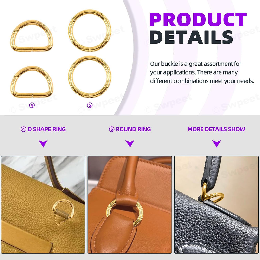 Gold metal buckles and rings for sewing projects