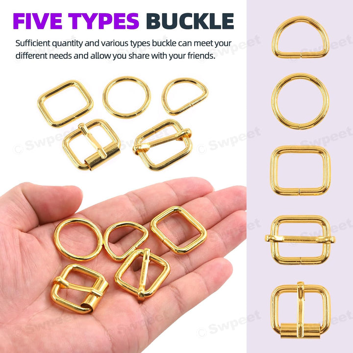 One-inch gold buckle and ring assortment details