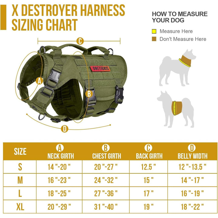 Tactical Dog Harness,X Destroyer No Pulling Adjustable Dog Vest Harness, Heavy Duty Dog Harness with Handle, Large Hook and Loop Panels for Patch (Green. XL) - Just Closeouts Canada Inc.