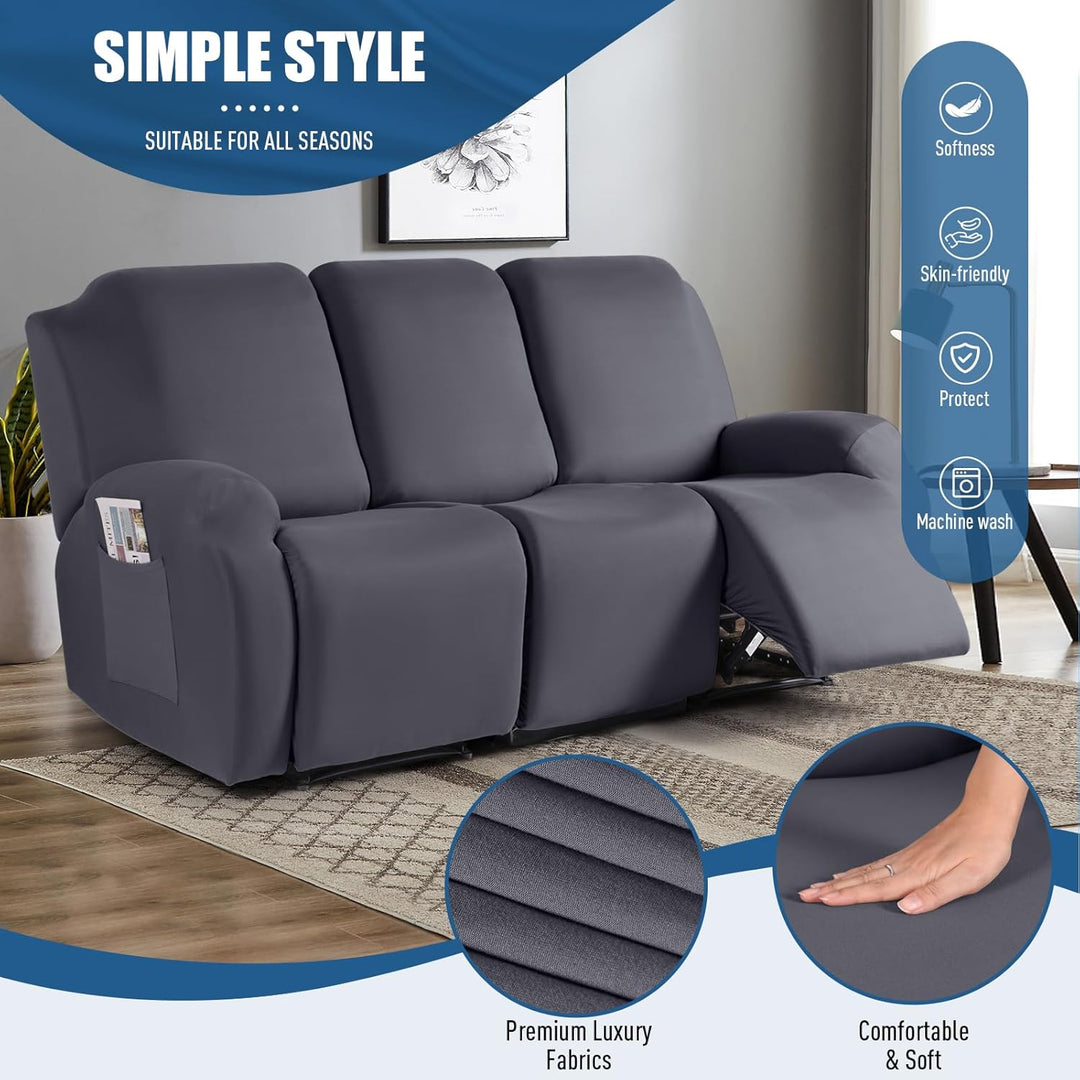 TAOCOCO Recliner Sofa Slipcover, 3 Pieces Polyester Fabric Stretch Sofa Covers for 3 Seat Reclining Couch, Soft Washable Furniture Protector with Pockets (3 Seat, Dark Gray) - Just Closeouts Canada Inc.