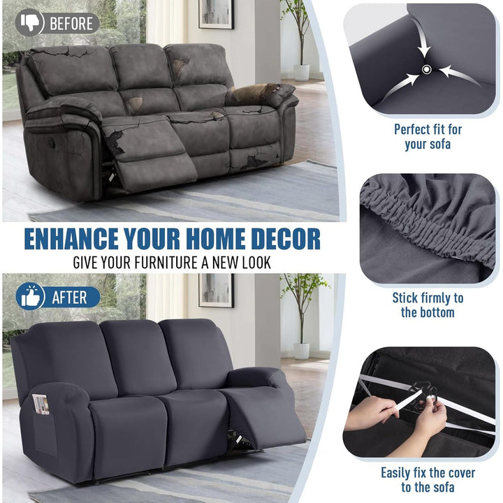 TAOCOCO Recliner Sofa Slipcover, 3 Pieces Polyester Fabric Stretch Sofa Covers for 3 Seat Reclining Couch, Soft Washable Furniture Protector with Pockets (3 Seat, Dark Gray) - Just Closeouts Canada Inc.