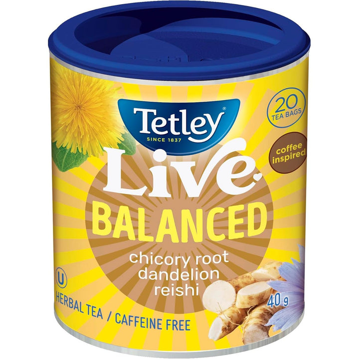 Tetley Live Balanced Herbal Tea with Chicory Root, Dandelion & Reishi - 20 Tea Bags, 40 Grams, Naturally Caffeine Free, Nutty Coffee Alternative, Kosher - Just Closeouts Canada Inc.
