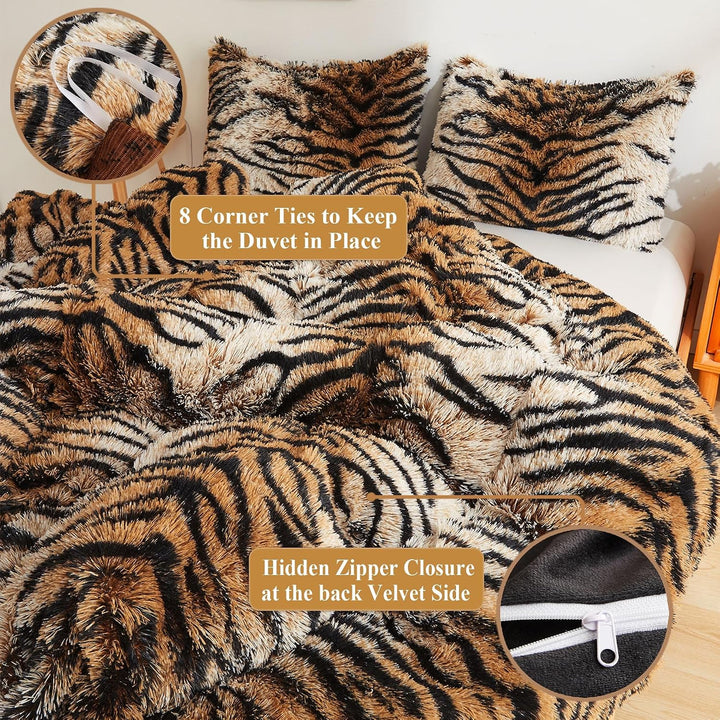 Tiger Print Fluffy Faux Fur Duvet Cover Set, 3 Pieces Soft Plush Shaggy Fuzzy Bedding Set(1 Faux Fur Animal Print Comforter Cover + 2 Furry Pillowcases), Zipper Closure(King, Tiger Print Brown) - Just Closeouts Canada Inc.X0047QQQVV